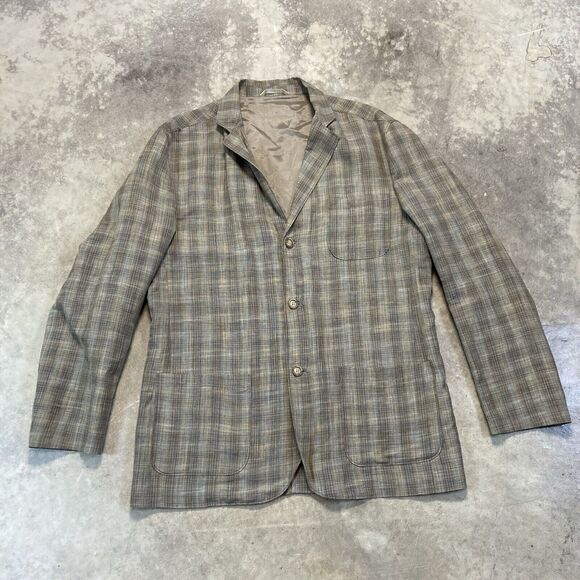 Tommy Bahama Blazer Mens Large Plaid Linen Silk‎ Blend 3 Button Single Breasted